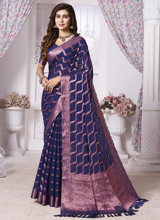 Pure Georgette Navy Blue Traditional Wear Weaving Saree